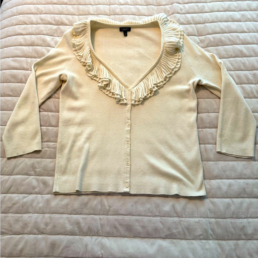 Talbots Cream V-Neck Sweater with Ruffled Detail